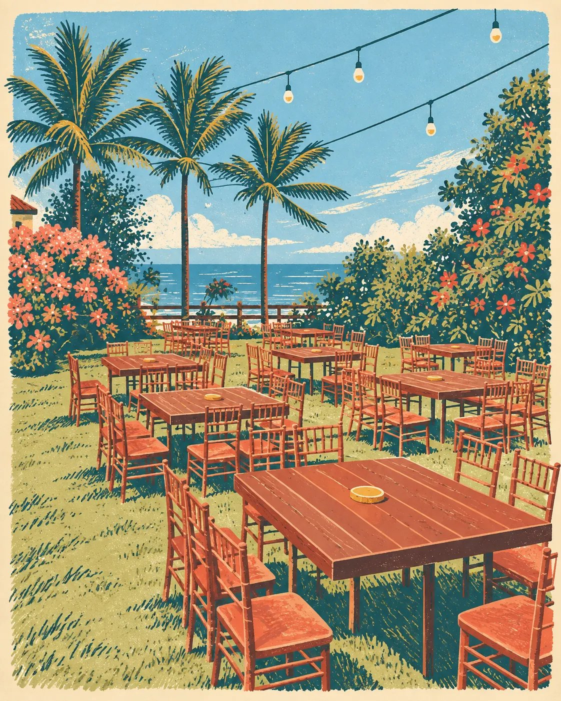 Ilustração de um jardim à beira-mar com coqueiros, mesas na grama e luzes acolhedoras