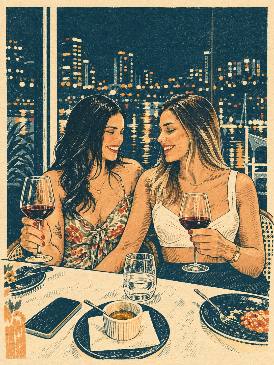 As duas brindando em um jantar em Salvador, com a cidade ao fundo